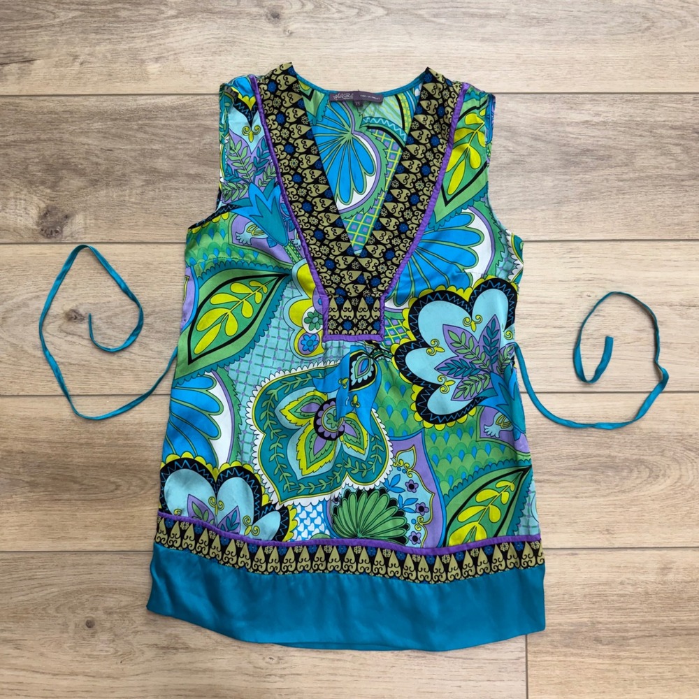 Hale Bob Silk Paisley Floral Sleeveless Tunic Top Blue Green XS Boho